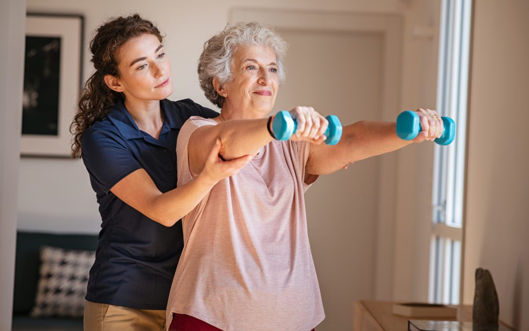 Old woman doing physical therapy