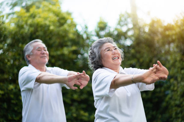 two elderly women exercising