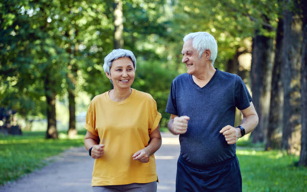 elderly couple exercising